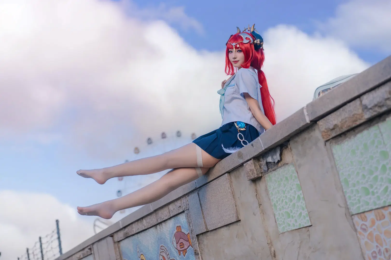 原神, 妮露cos, 水手服, 夏日外景, 白丝袜