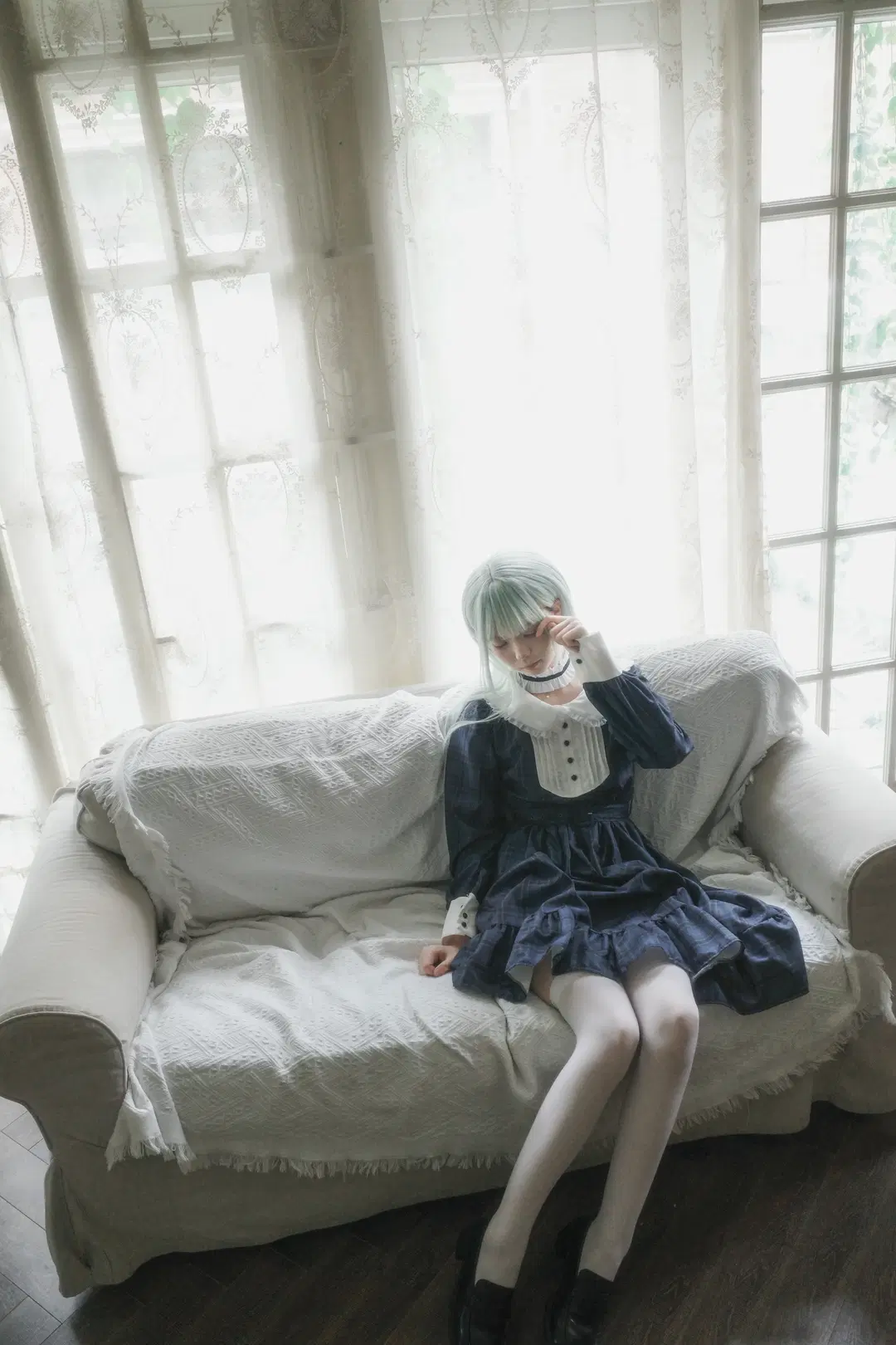 White stockings, Wakaba Mutsumi cosplay, Vintage dress, Ave Mujica, Backlight