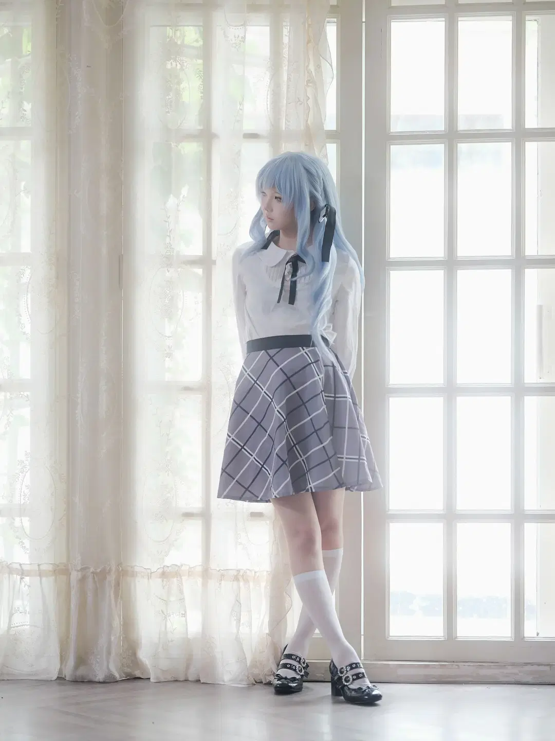 cosplay, 丰川祥子cos, 白丝, 制服少女, 蓝发双马尾