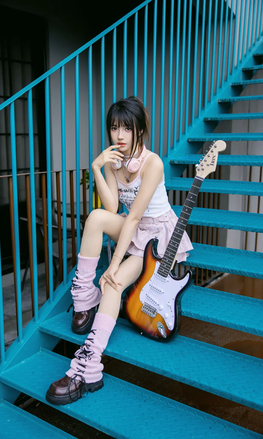 Tender Pink Cyber Style Outfit: Energetic Girl Beneath the Blue Staircase by Fe - Image 2