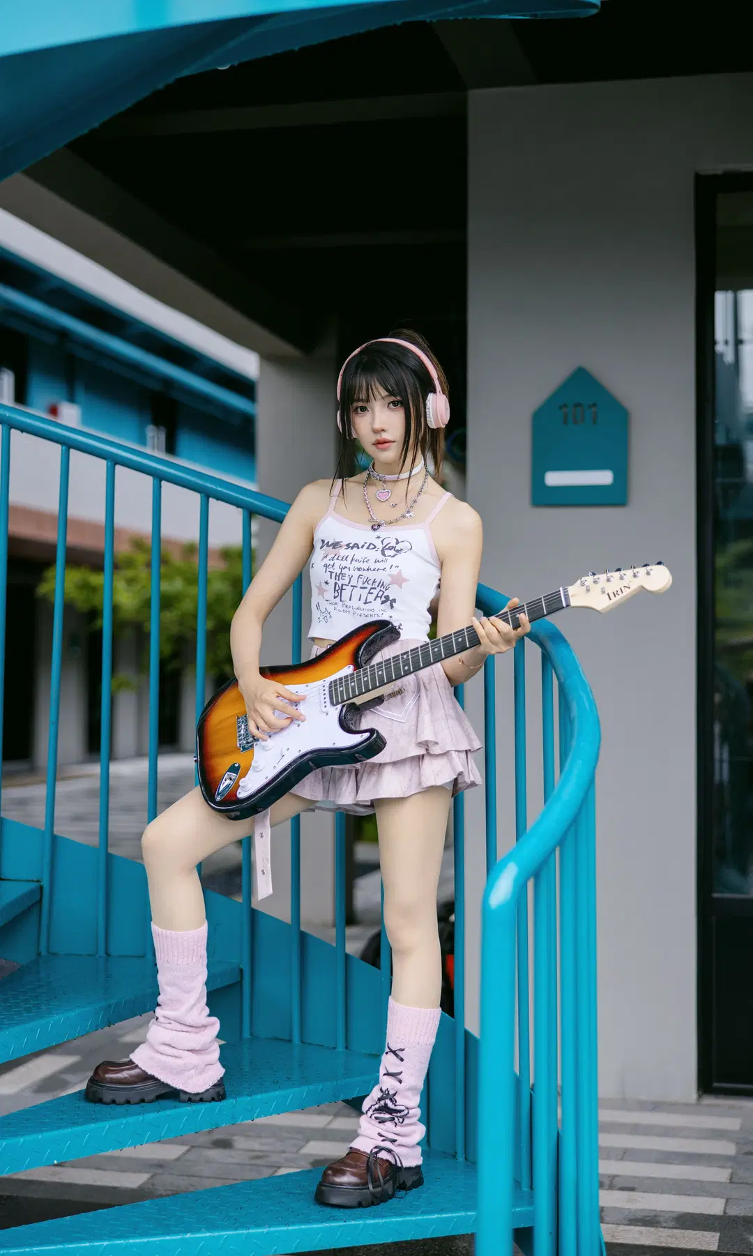 Tender Pink Cyber Style Outfit: Energetic Girl Beneath the Blue Staircase by Fe - Image 3