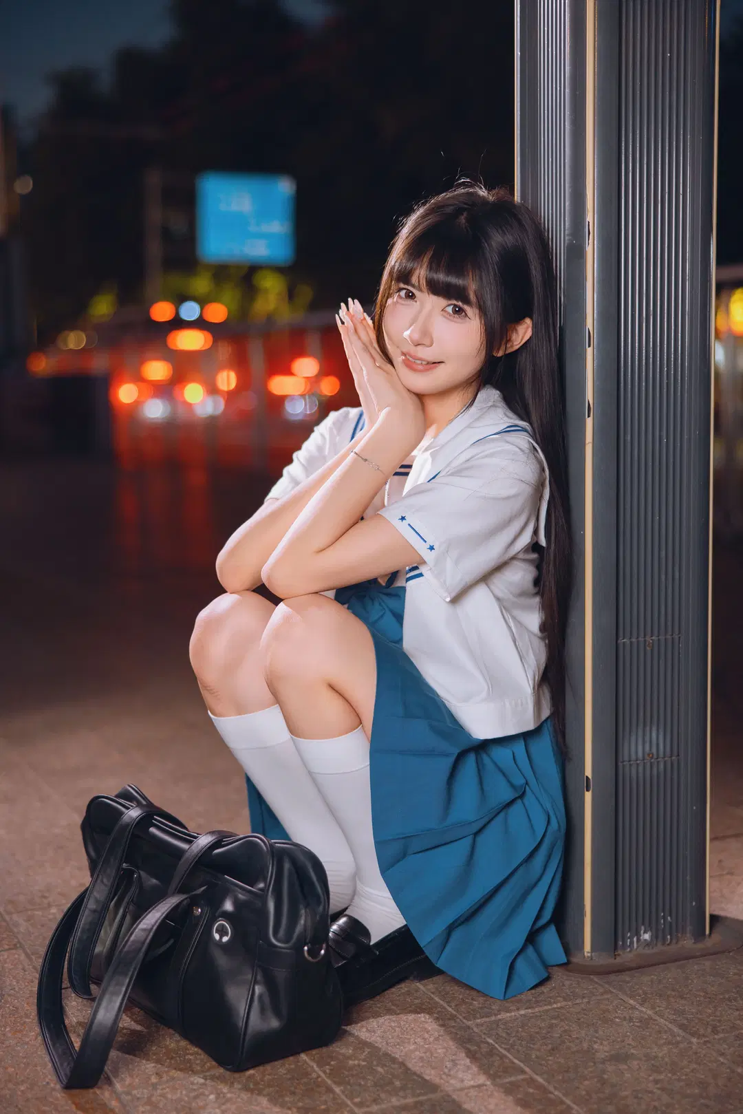 夜景JK制服写真，夜风中的白丝与百褶裙 - Fe - 第4张