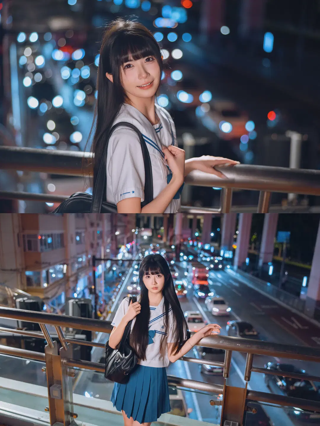 夜景JK制服写真，夜风中的白丝与百褶裙 - Fe - 第5张