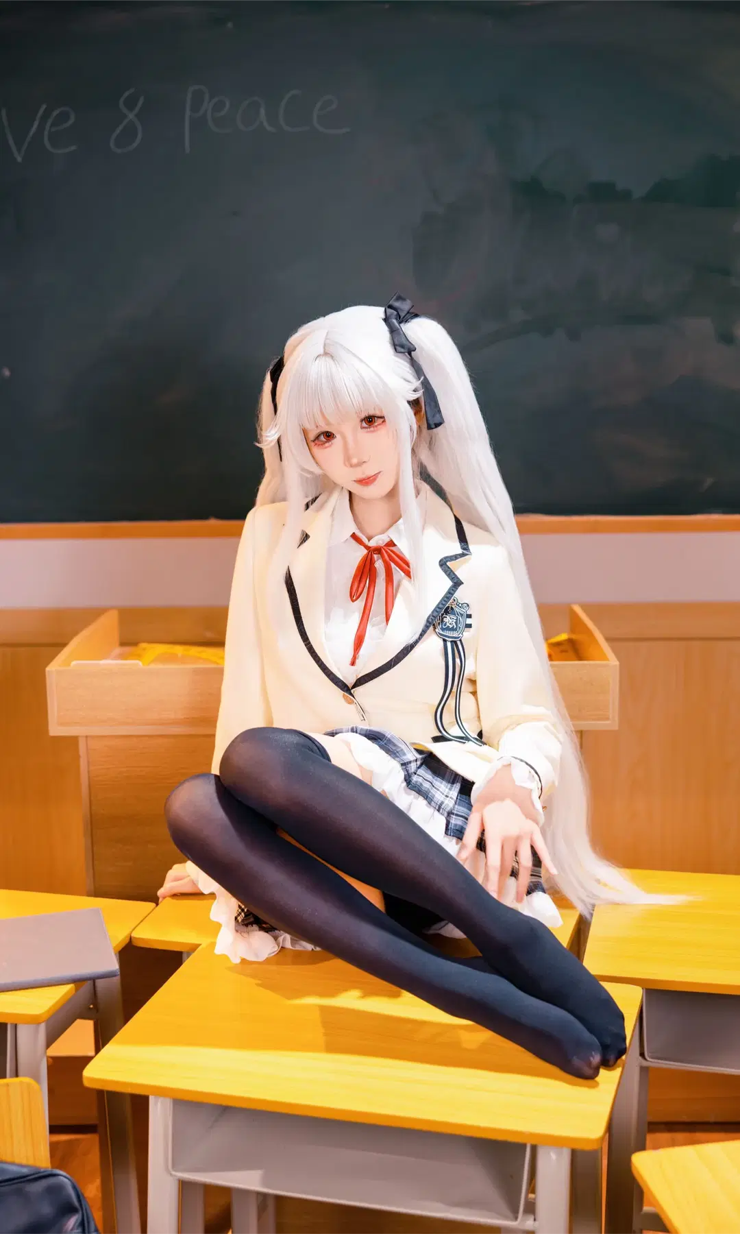 [Kagarino Kirie cosplay] White-Haired Uniform Maiden in the Classroom: Whispers of Black Thigh-Highs and Pleated Skirts by Fe - Image 10