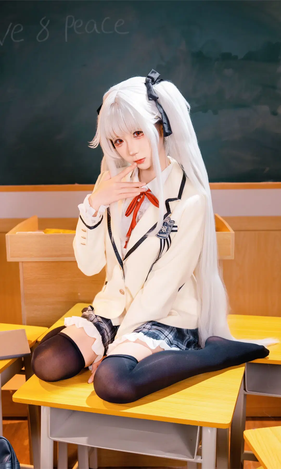 [Kagarino Kirie cosplay] White-Haired Uniform Maiden in the Classroom: Whispers of Black Thigh-Highs and Pleated Skirts by Fe - Image 12