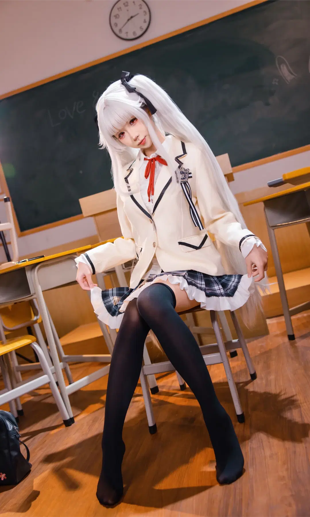 [Kagarino Kirie cosplay] White-Haired Uniform Maiden in the Classroom: Whispers of Black Thigh-Highs and Pleated Skirts by Fe - Image 2