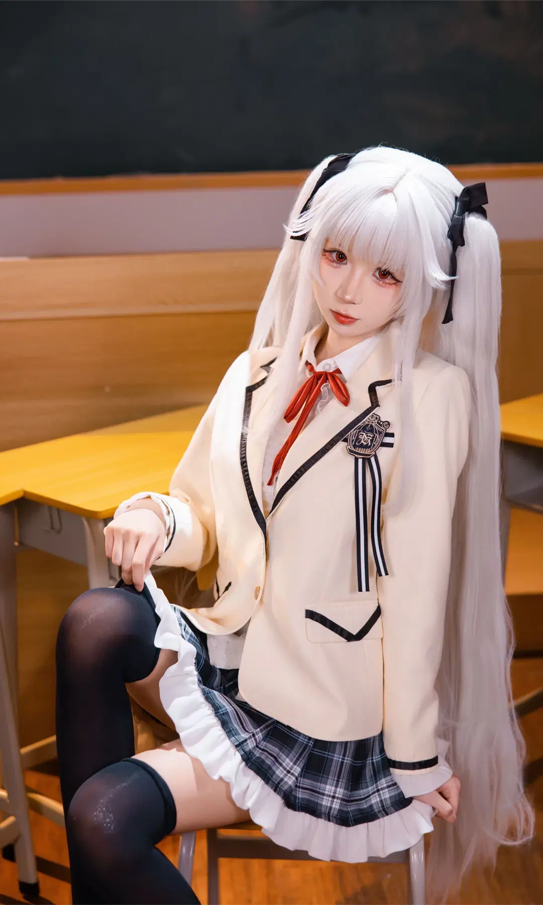 [Kagarino Kirie cosplay] White-Haired Uniform Maiden in the Classroom: Whispers of Black Thigh-Highs and Pleated Skirts by Fe - Image 3