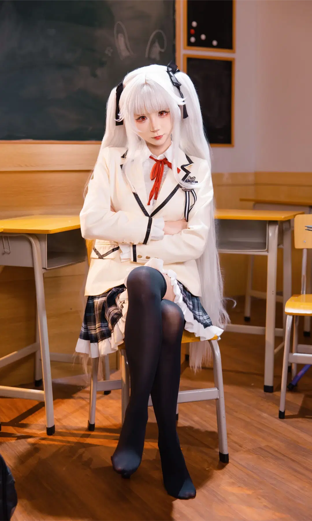 [Kagarino Kirie cosplay] White-Haired Uniform Maiden in the Classroom: Whispers of Black Thigh-Highs and Pleated Skirts by Fe - Image 4