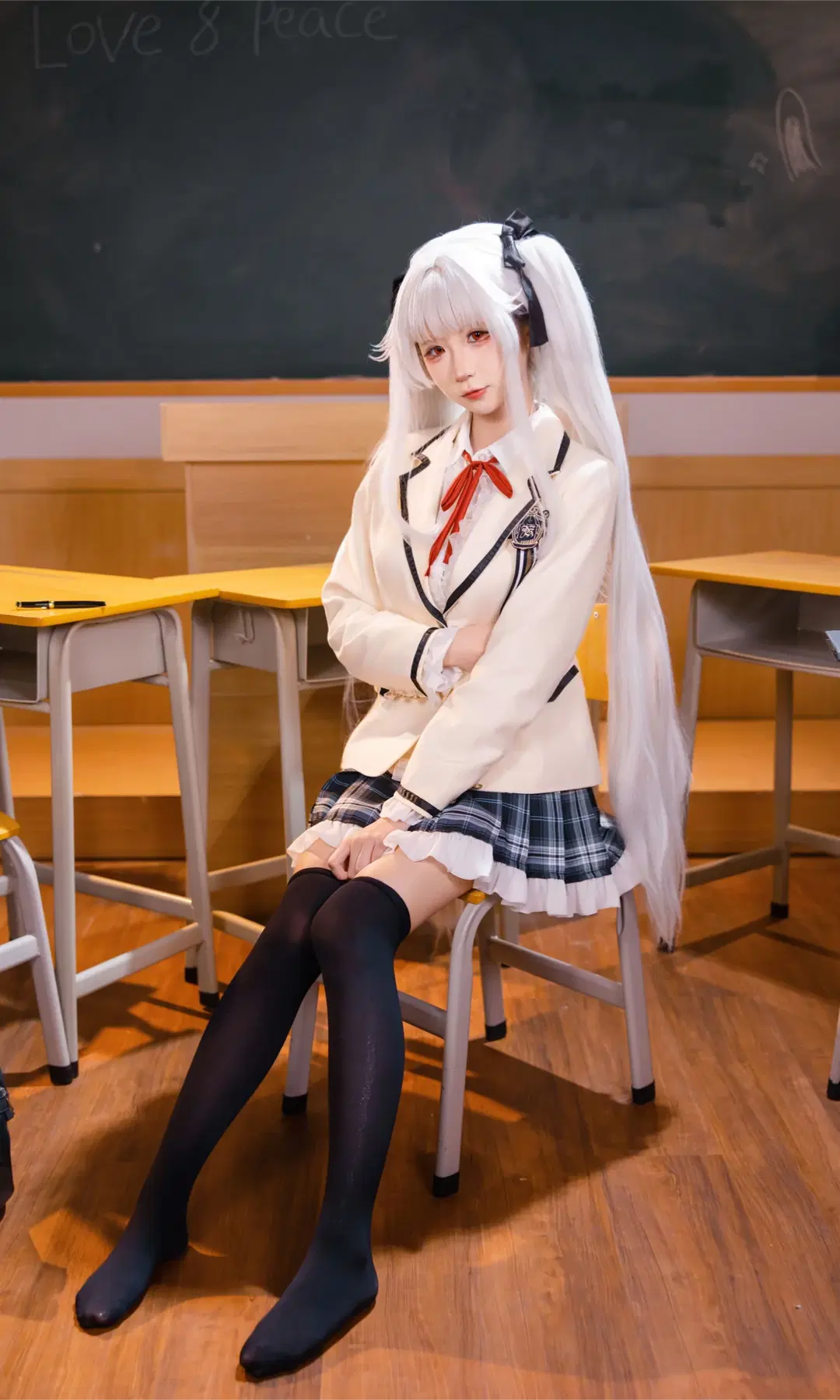 [Kagarino Kirie cosplay] White-Haired Uniform Maiden in the Classroom: Whispers of Black Thigh-Highs and Pleated Skirts by Fe - Image 5