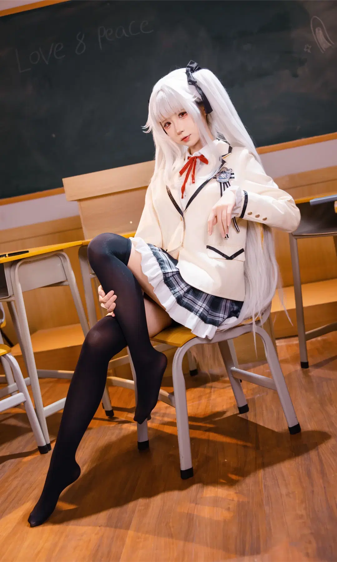 [Kagarino Kirie cosplay] White-Haired Uniform Maiden in the Classroom: Whispers of Black Thigh-Highs and Pleated Skirts by Fe - Image 6