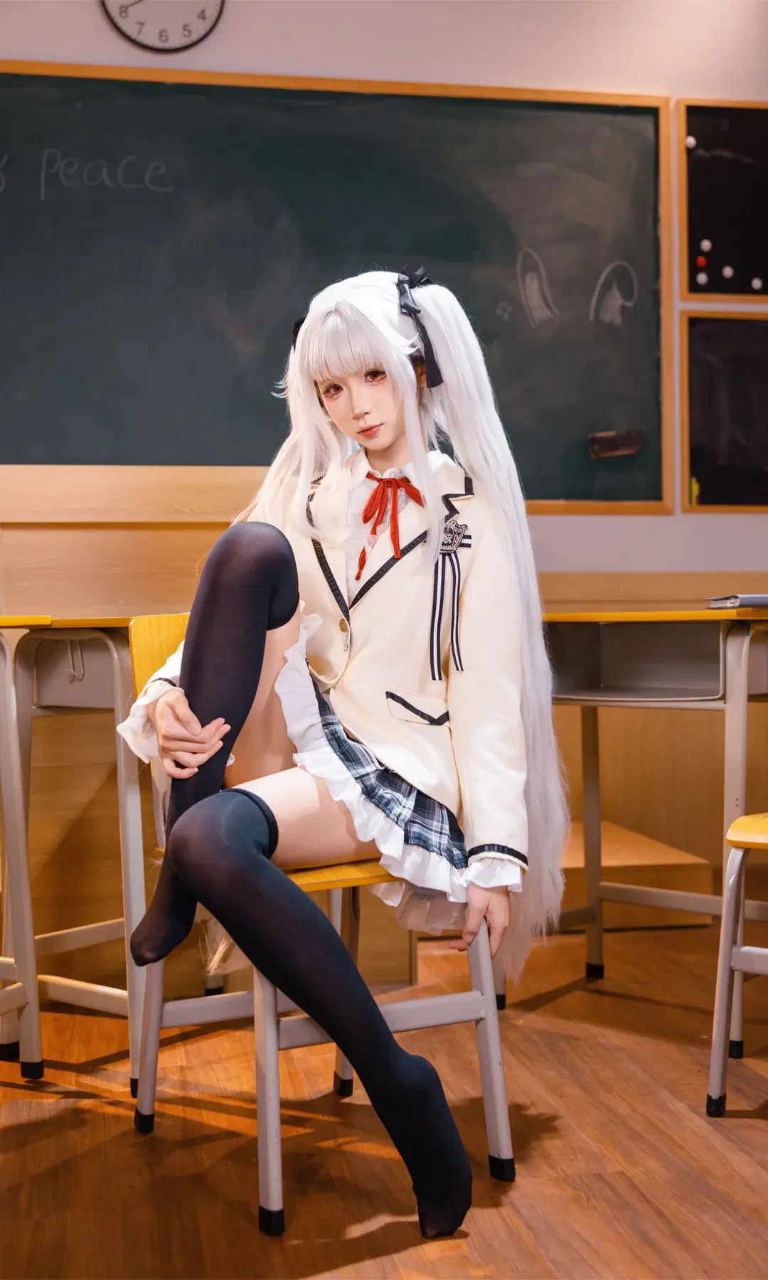 [Kagarino Kirie cosplay] White-Haired Uniform Maiden in the Classroom: Whispers of Black Thigh-Highs and Pleated Skirts by Fe - Image 8