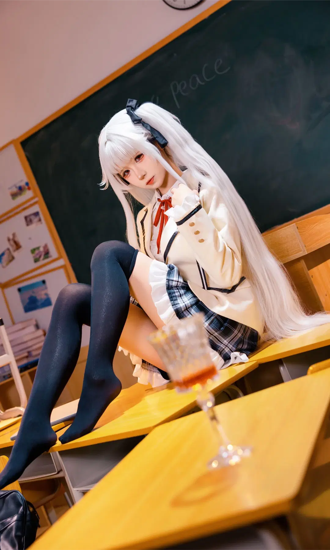 [Kagarino Kirie cosplay] White-Haired Uniform Maiden in the Classroom: Whispers of Black Thigh-Highs and Pleated Skirts by Fe - Image 9
