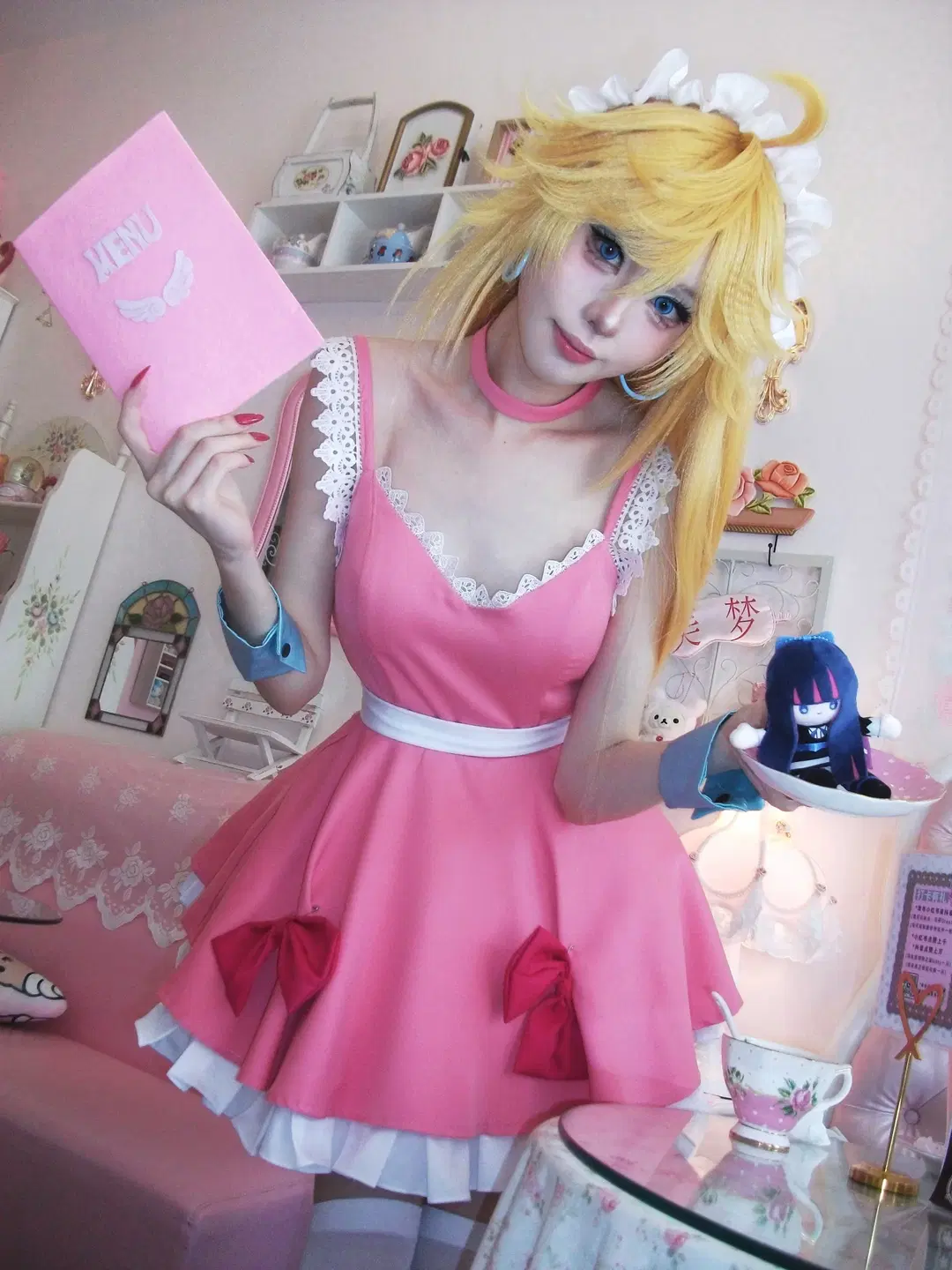 White stockings, Panty & Stocking with Garterbelt, Pink dress, Retro cafe, Panty cosplay