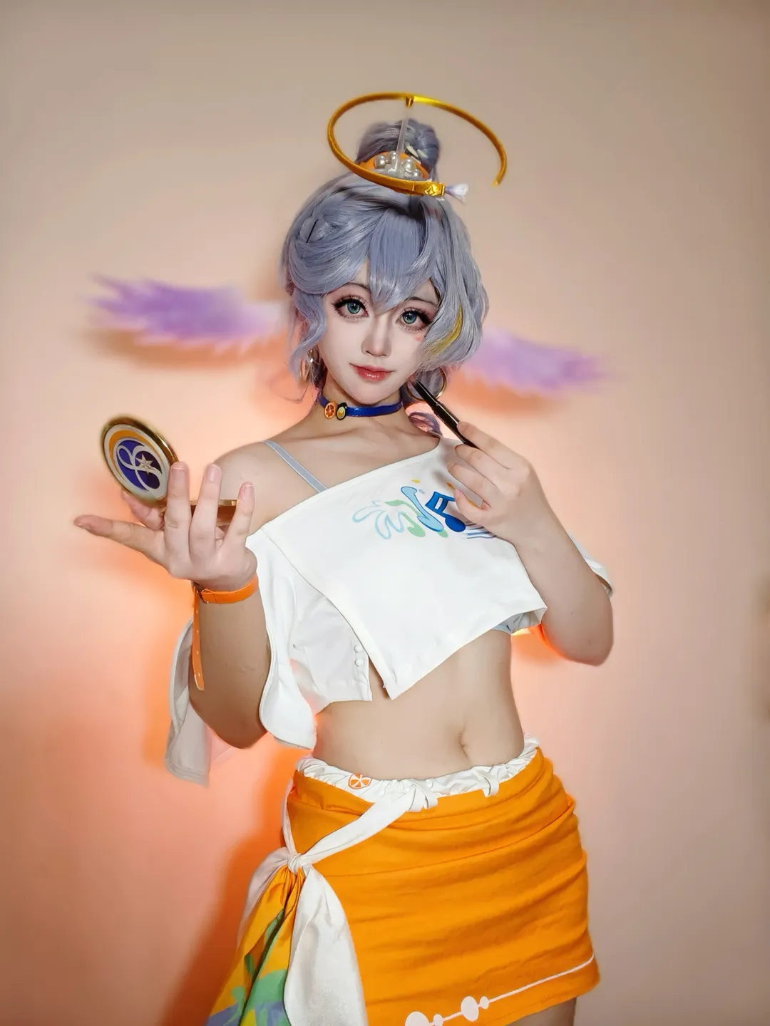 知更鸟cos, 氛围感写真, 天使翅膀, 夏日cosplay, 露脐装 - 第1张