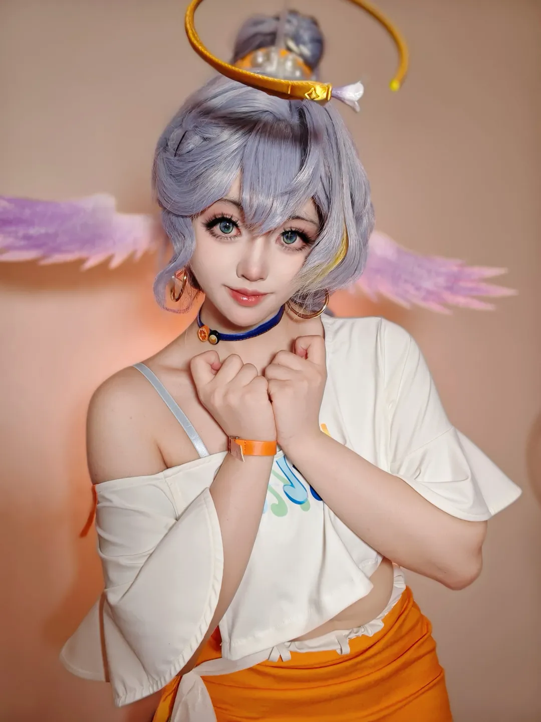 cosplay, 知更鳥cos, 銀髮cos, 天使光環, 露腰穿搭