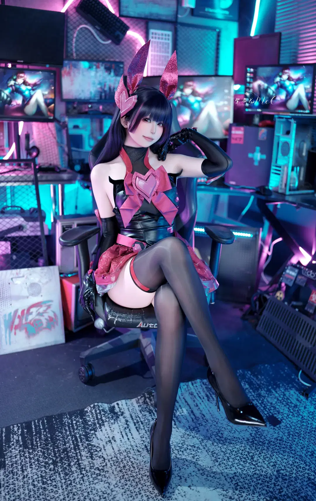 Bunny girl, Overwatch, Black stockings, Gaming room, D.Va cosplay