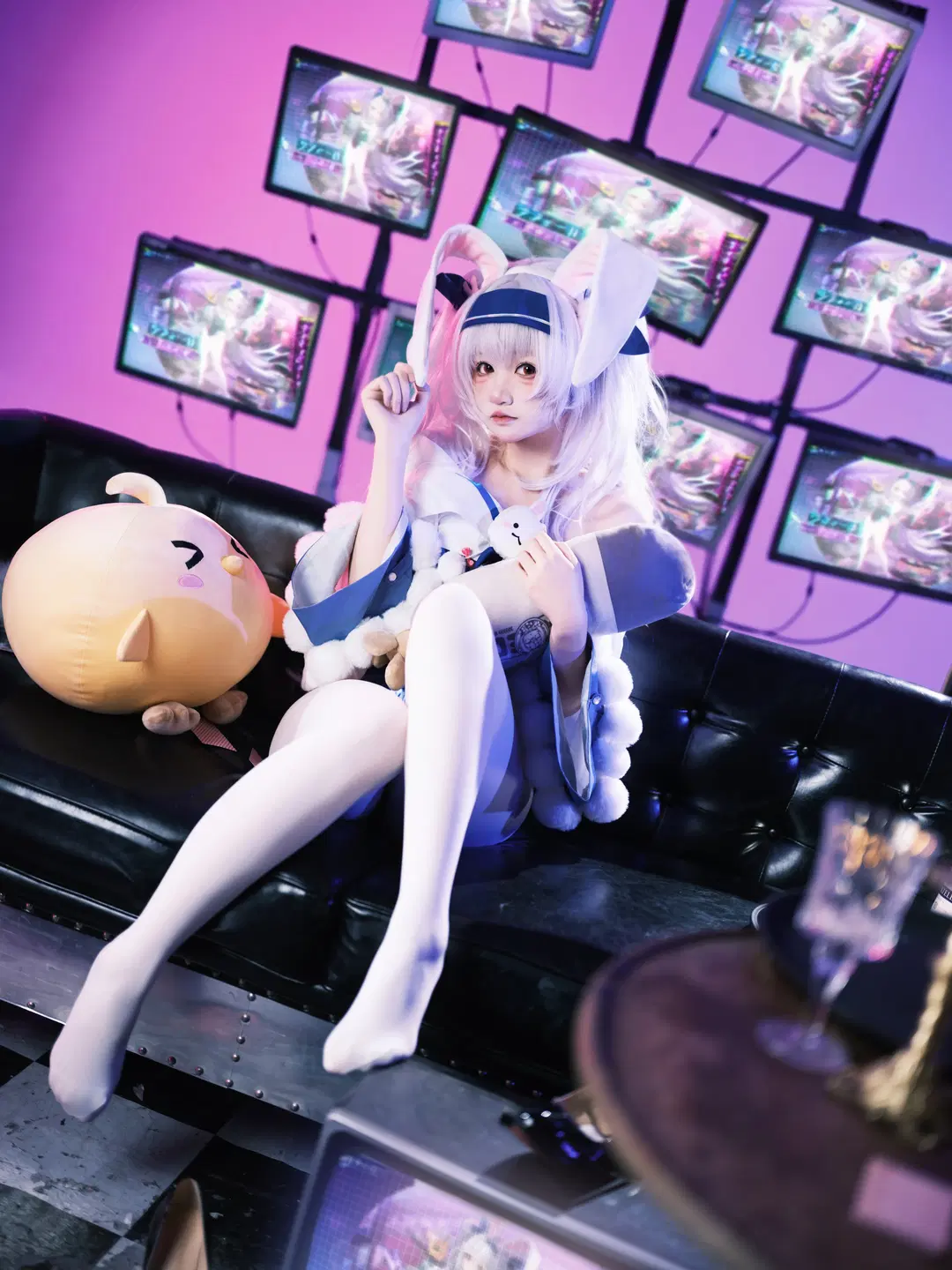 Azur Lane, Laffey cosplay, Cyberpunk, White stockings, Bunny girl