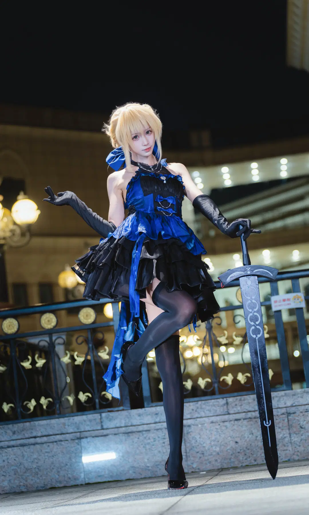 二次元, フェイト, 夜景ポートレート, 黒セイバーのコスプレ, ストッキング