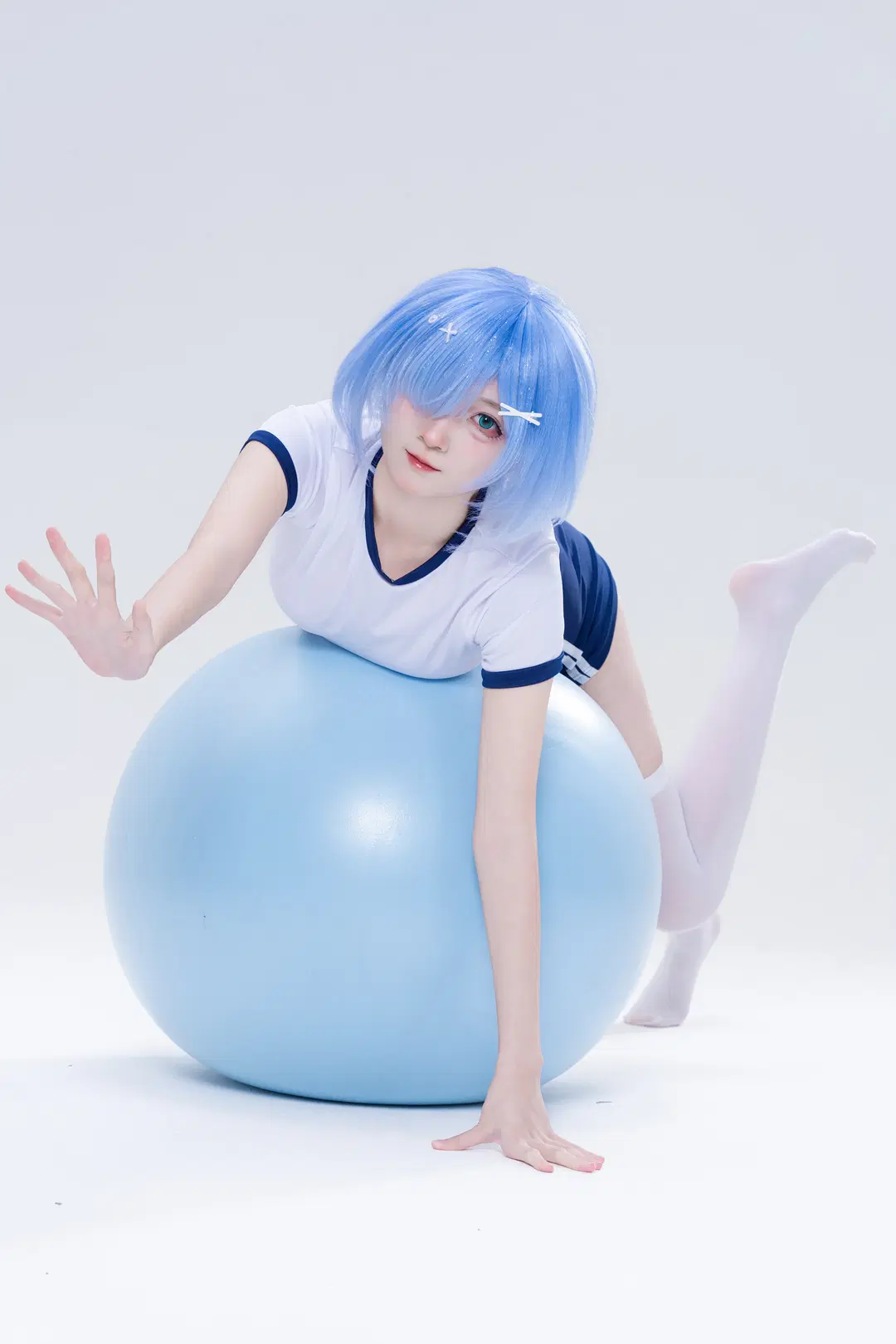 cosplay, Rem cosplay, White stockings, White studio, Gymnastics uniform
