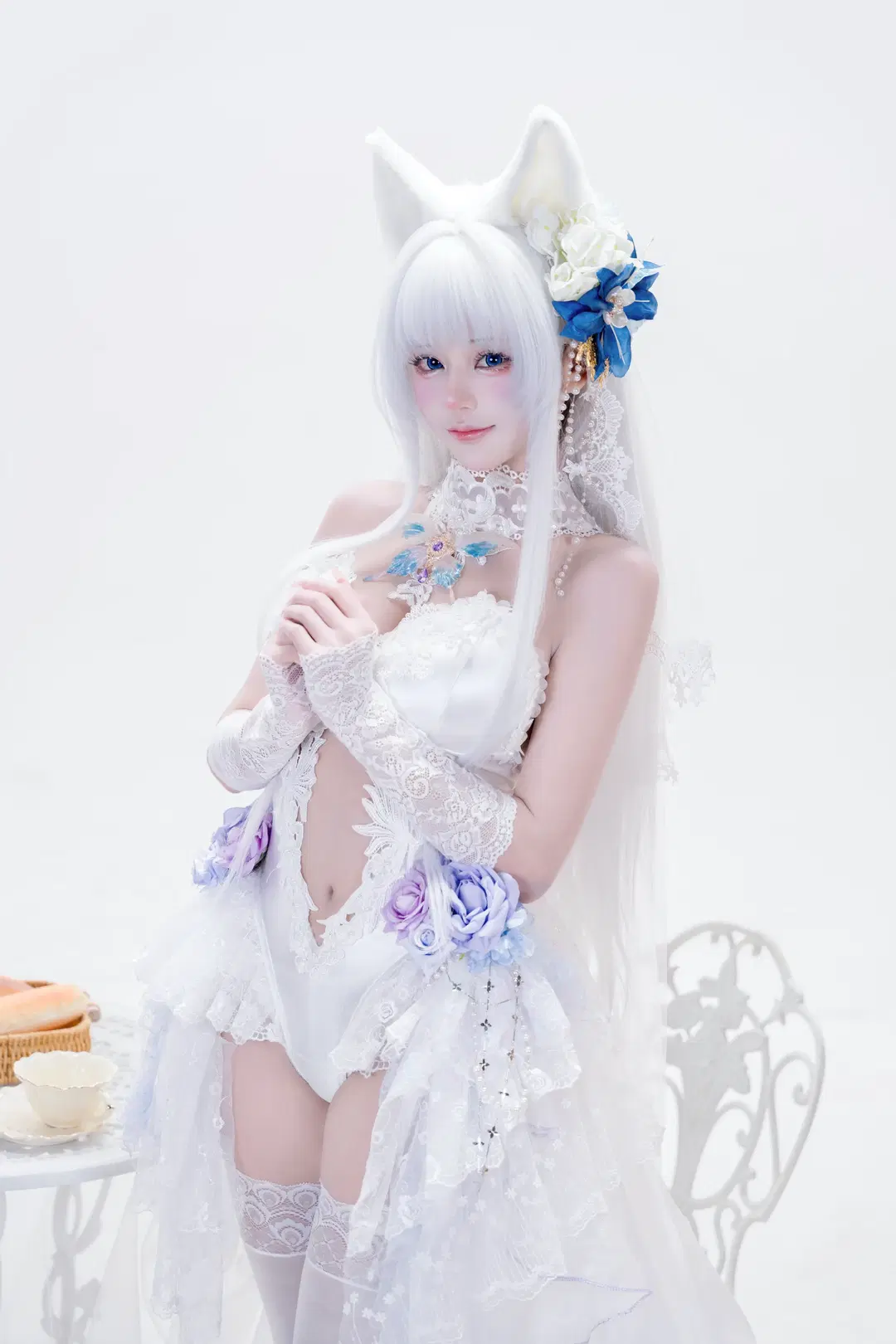 純白幻想風蕾絲婚紗cos，搭配獸耳和白絲的夢幻體驗 - 阿抽崽 - 第3張