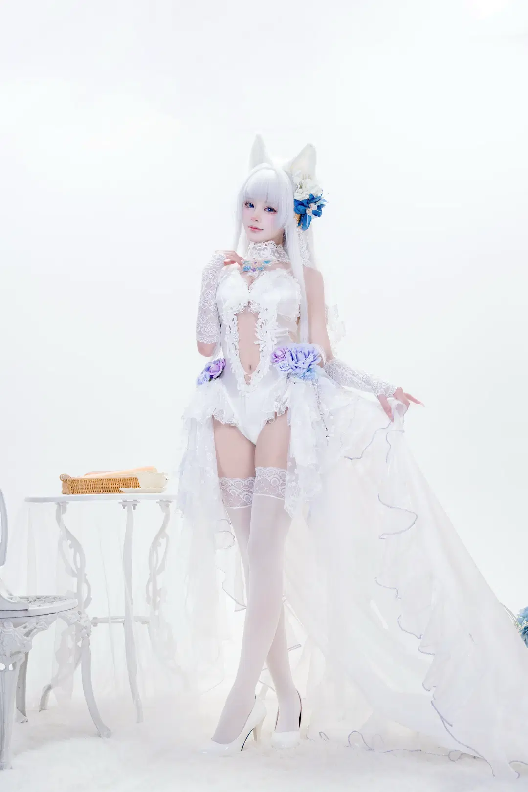純白幻想風蕾絲婚紗cos，搭配獸耳和白絲的夢幻體驗 - 阿抽崽 - 第4張