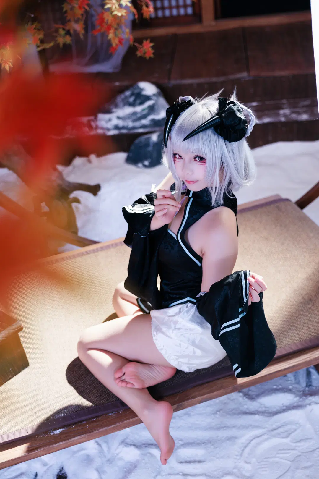 チャイナドレス コスプレ, 素足, 雪景色ロケーション撮影, カヨココスプレ, 毛玉牛乳