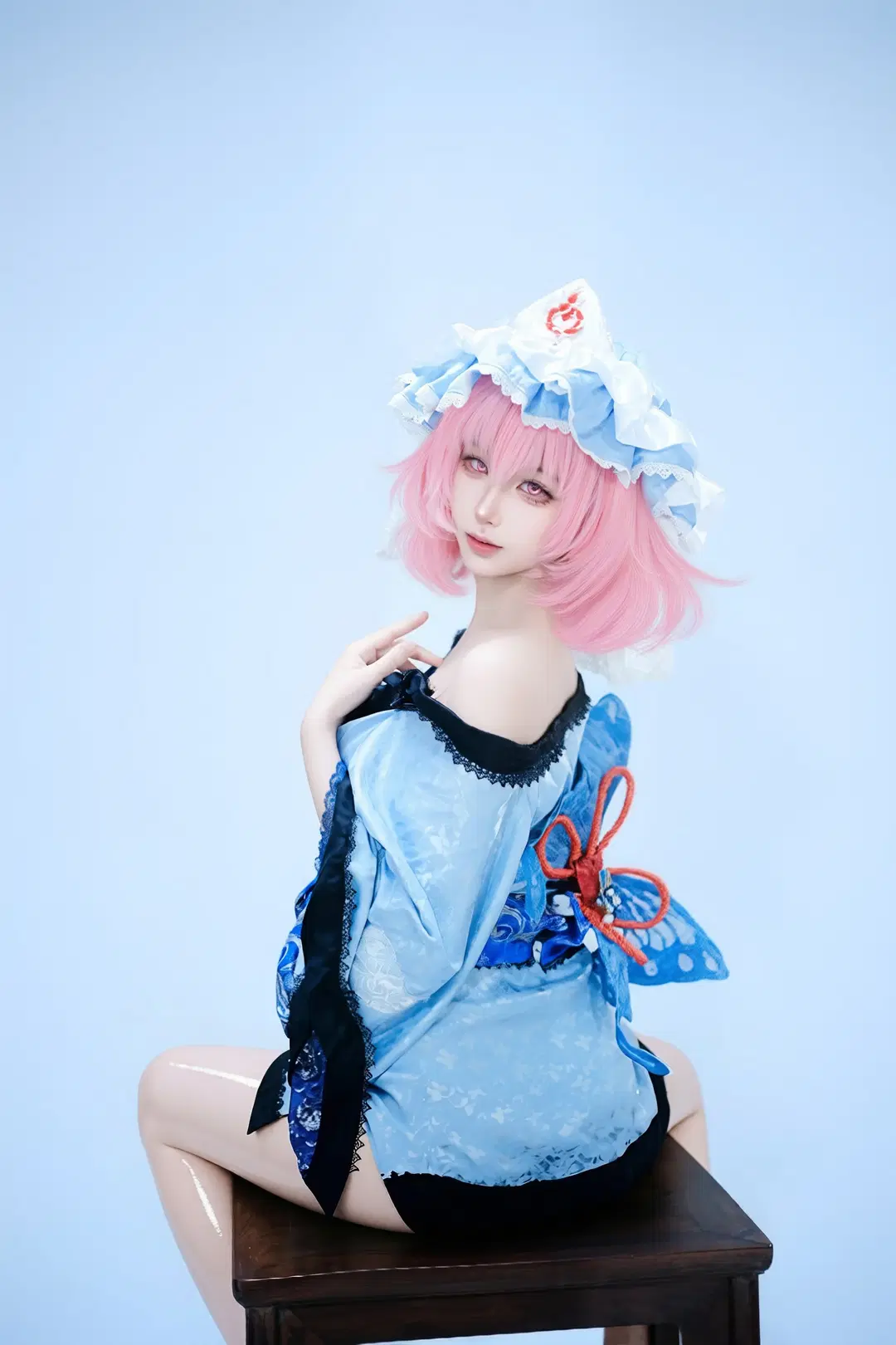 【西行寺幽幽子cos】东方Project中的蓝白洋装与蝴蝶结造型 - 小鹿九九 - 第2张
