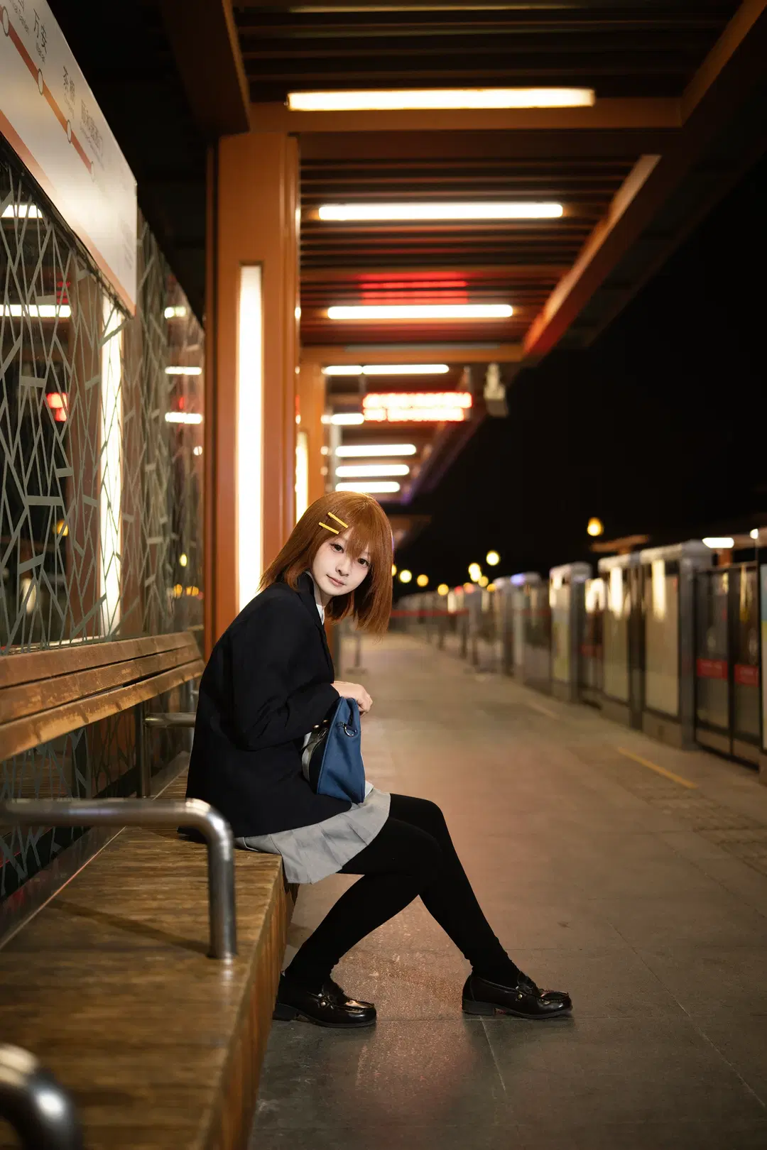 JK uniform, Night portrait, Black stockings, K-ON!, Hirasawa Yui cosplay