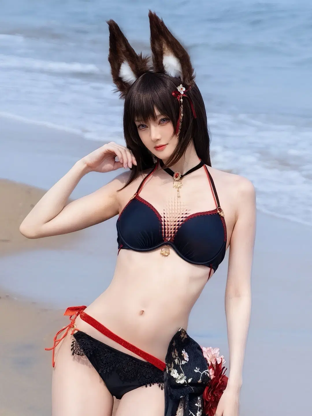 Azur Lane, Anime cosplay, Animal ears, Amagi cosplay, Beach swimwear