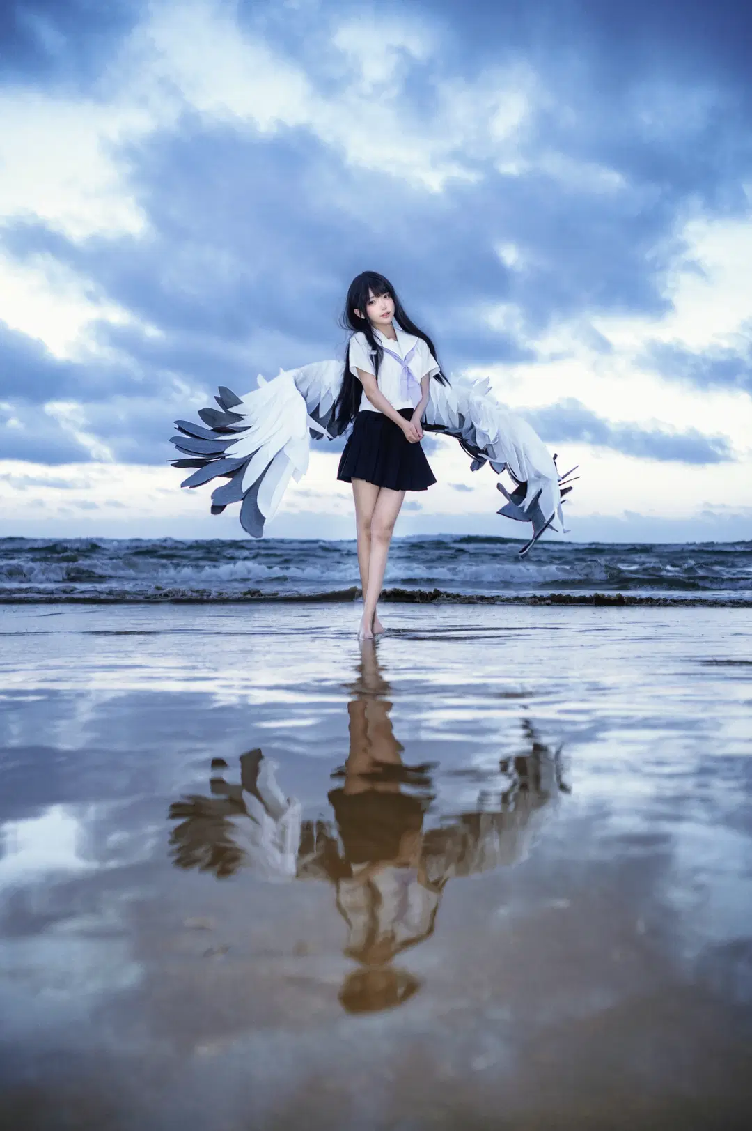 海边摄影, 二次元cosplay, JK制服, 摄影约拍, 翅膀道具