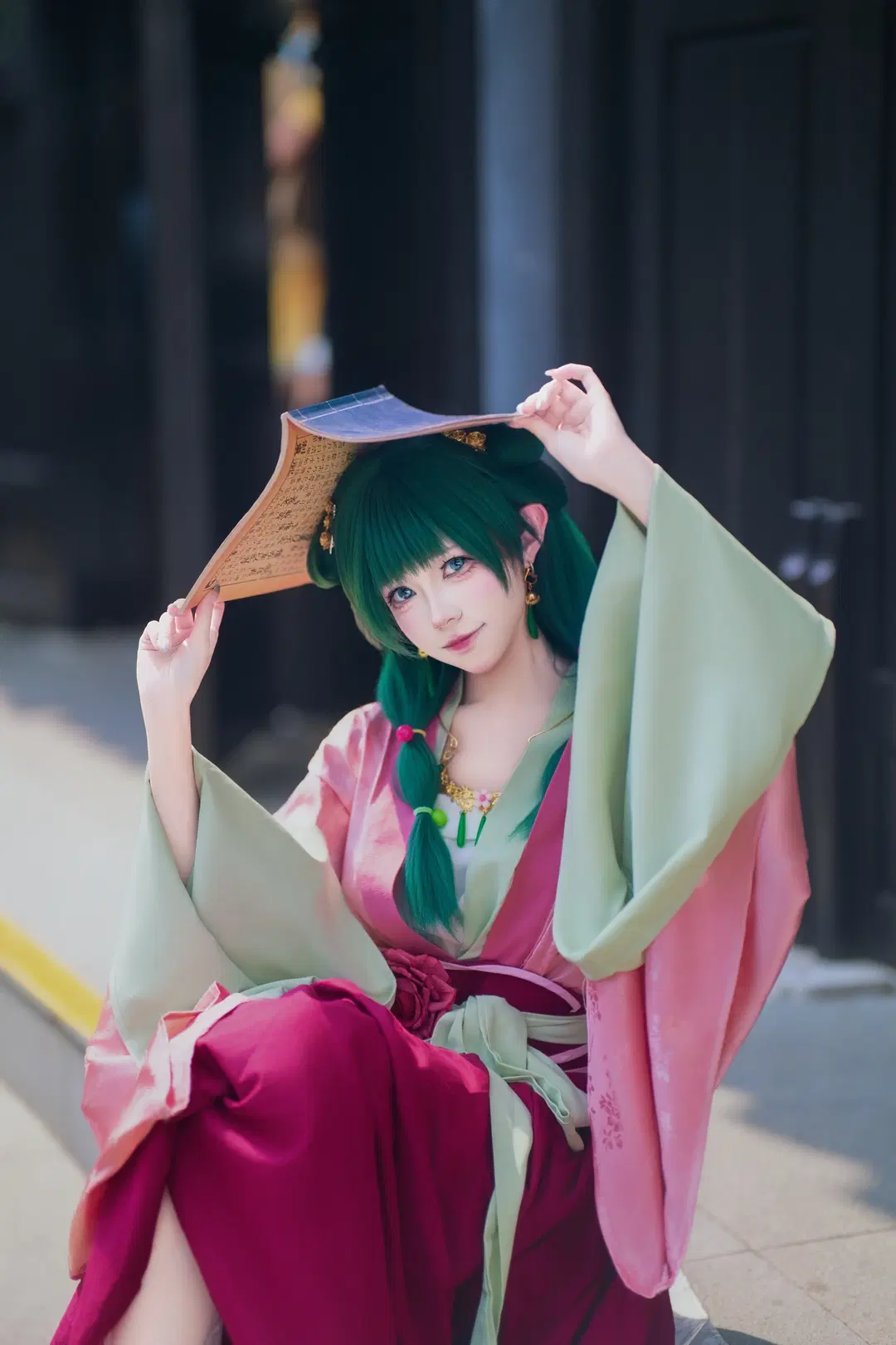 猫猫cos, 药屋少女, 古风汉服, 绿色假发, 团扇道具