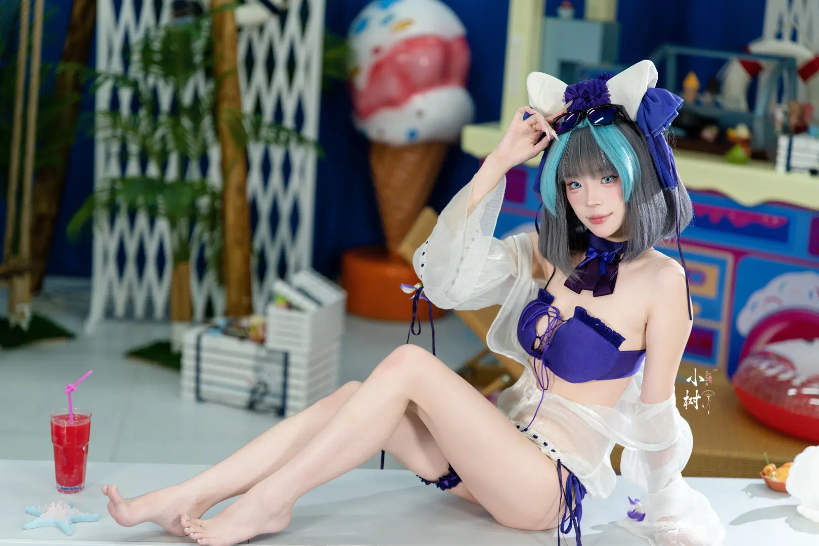 人像摄影, cosplay写真, 夏日泳池, 蓝发泳装, 猫耳头饰