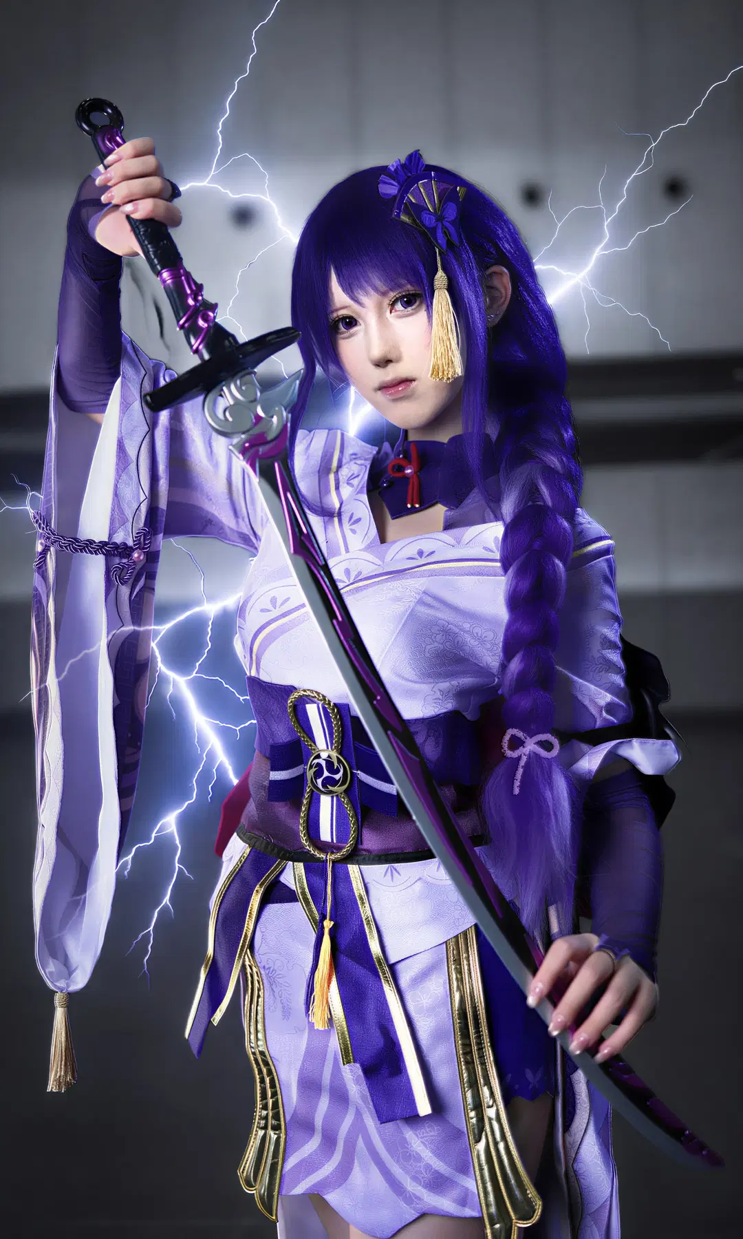 Purple hair, Japanese style cosplay, Raiden Shogun cosplay, Raiden Ei, Lightning special effects