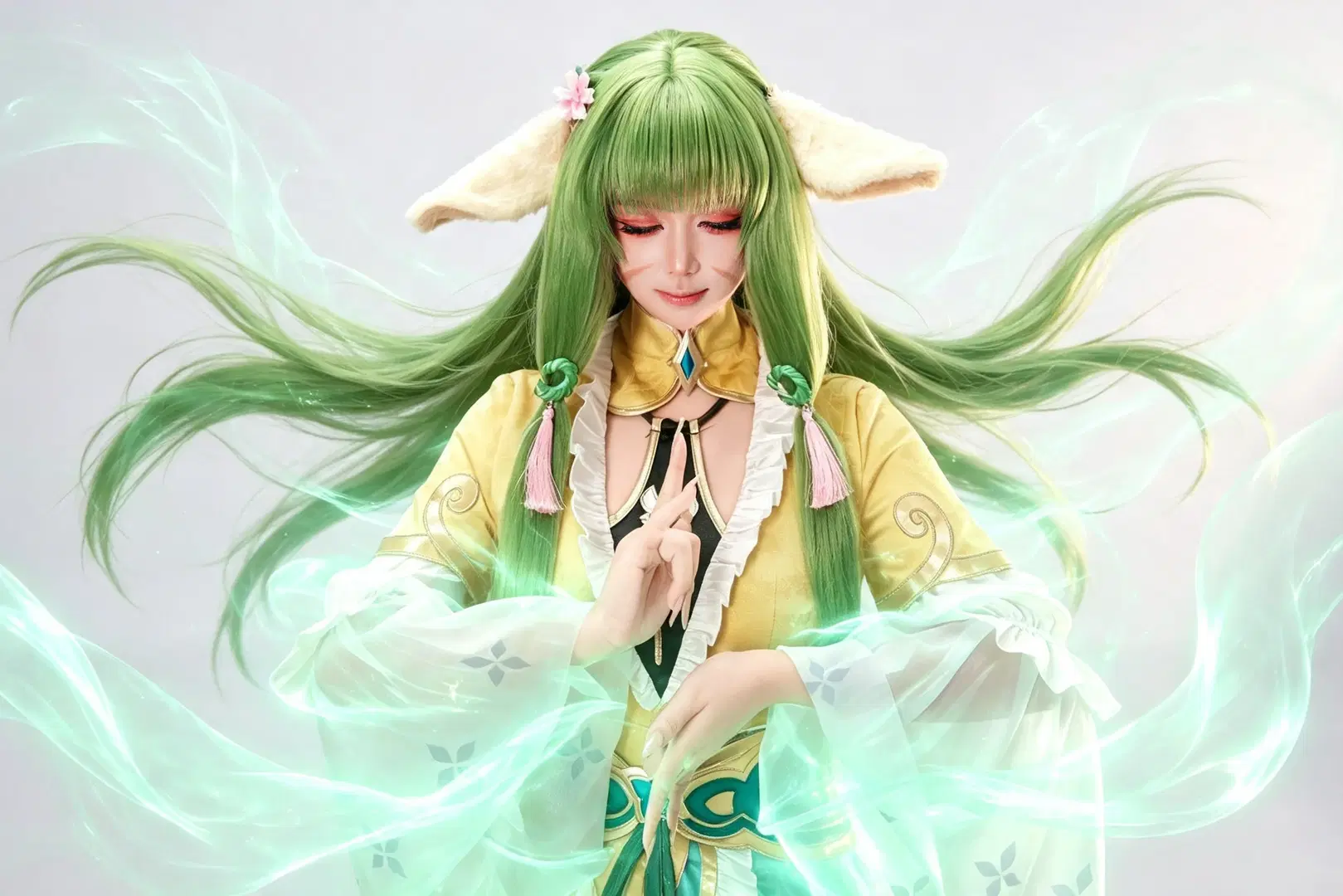 国风cosplay, 涂山容容cos, 奇幻特效, 公孙离, 绿发兽耳