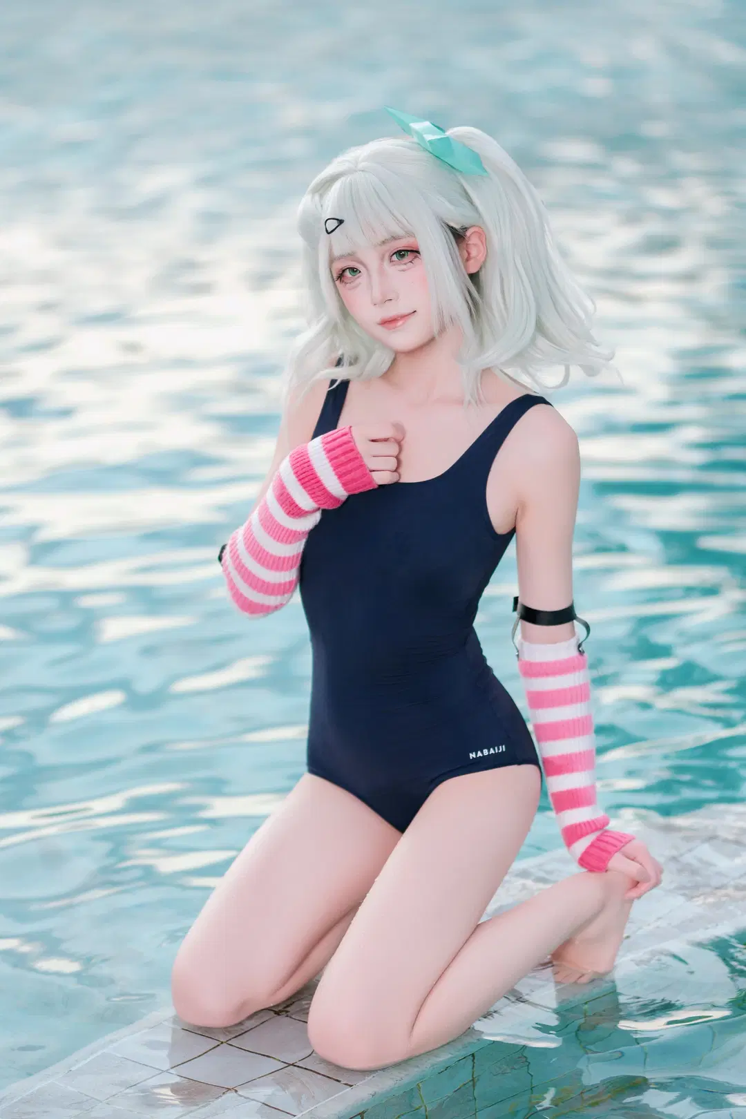 プール写真, 二次元コスプレ, 千夏 コスプレ, ワンピース水着, 銀髪少女