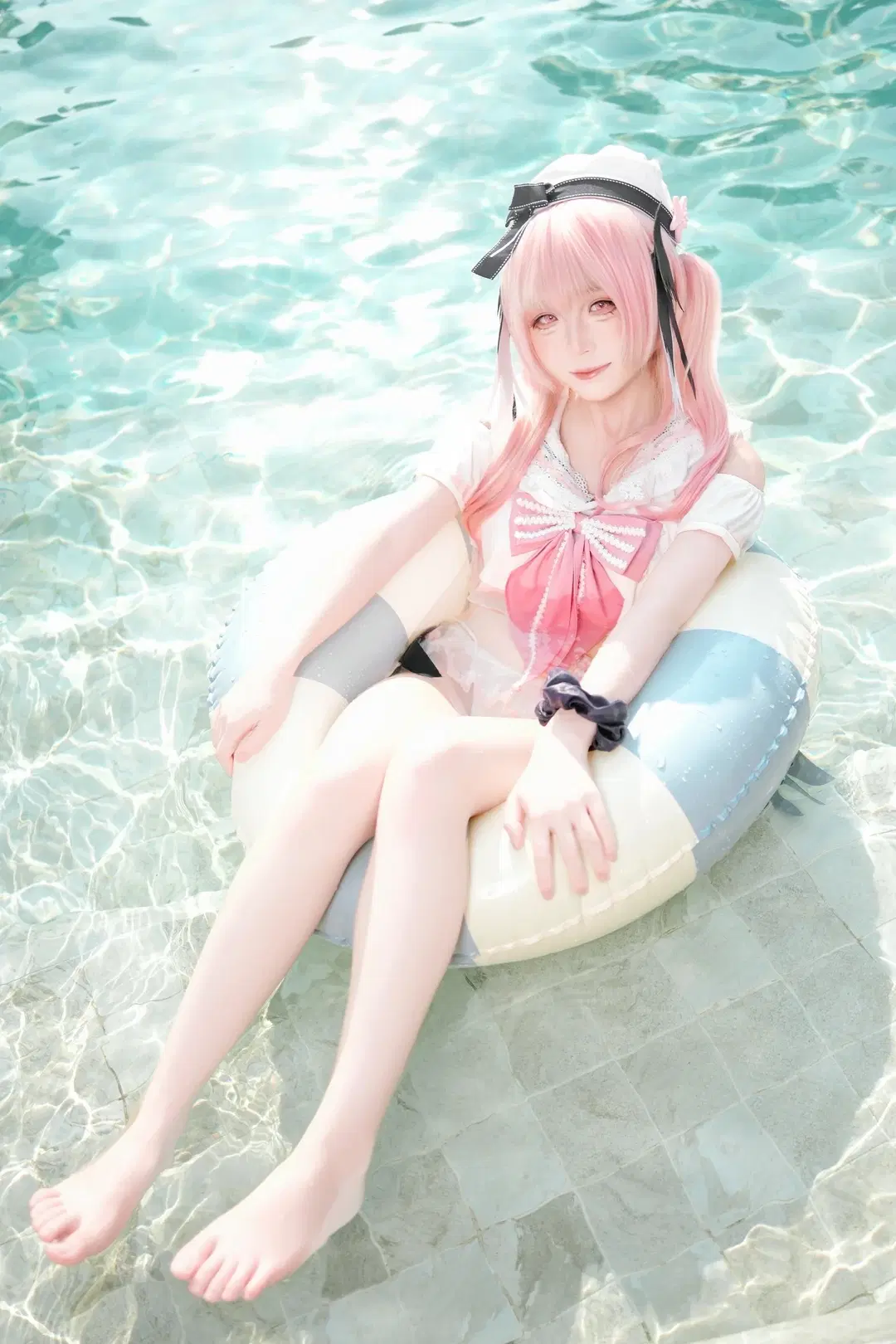 Anime girl, Blue Archive, Shimoe Koharu cosplay, Poolside photoshoot, Stockings