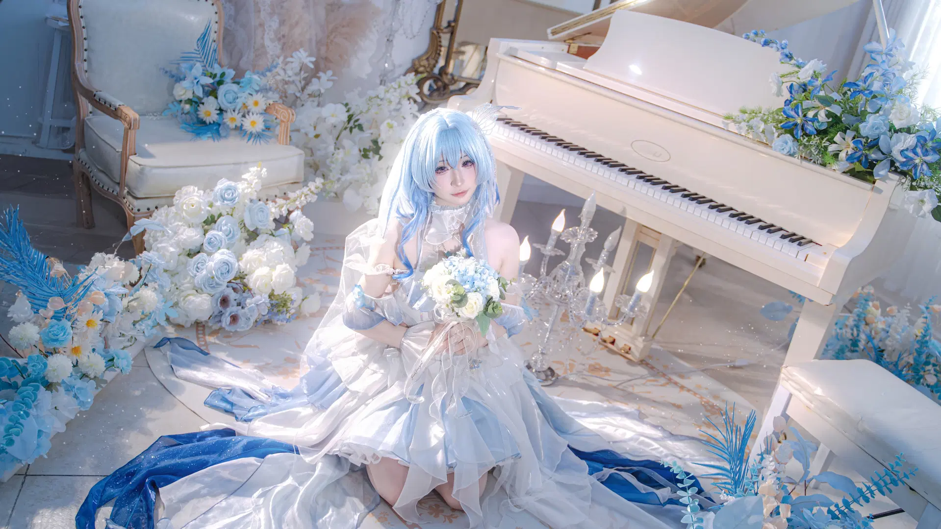 守岸人cos, 梦幻布景, 蓝白礼服, 东莞cos, 钢琴少女