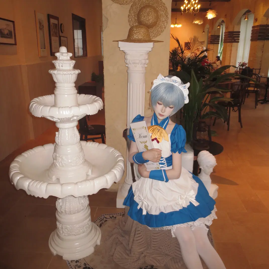 Maid outfit, Rei Ayanami cosplay, White stockings, Neon Genesis Evangelion, Maid cafe
