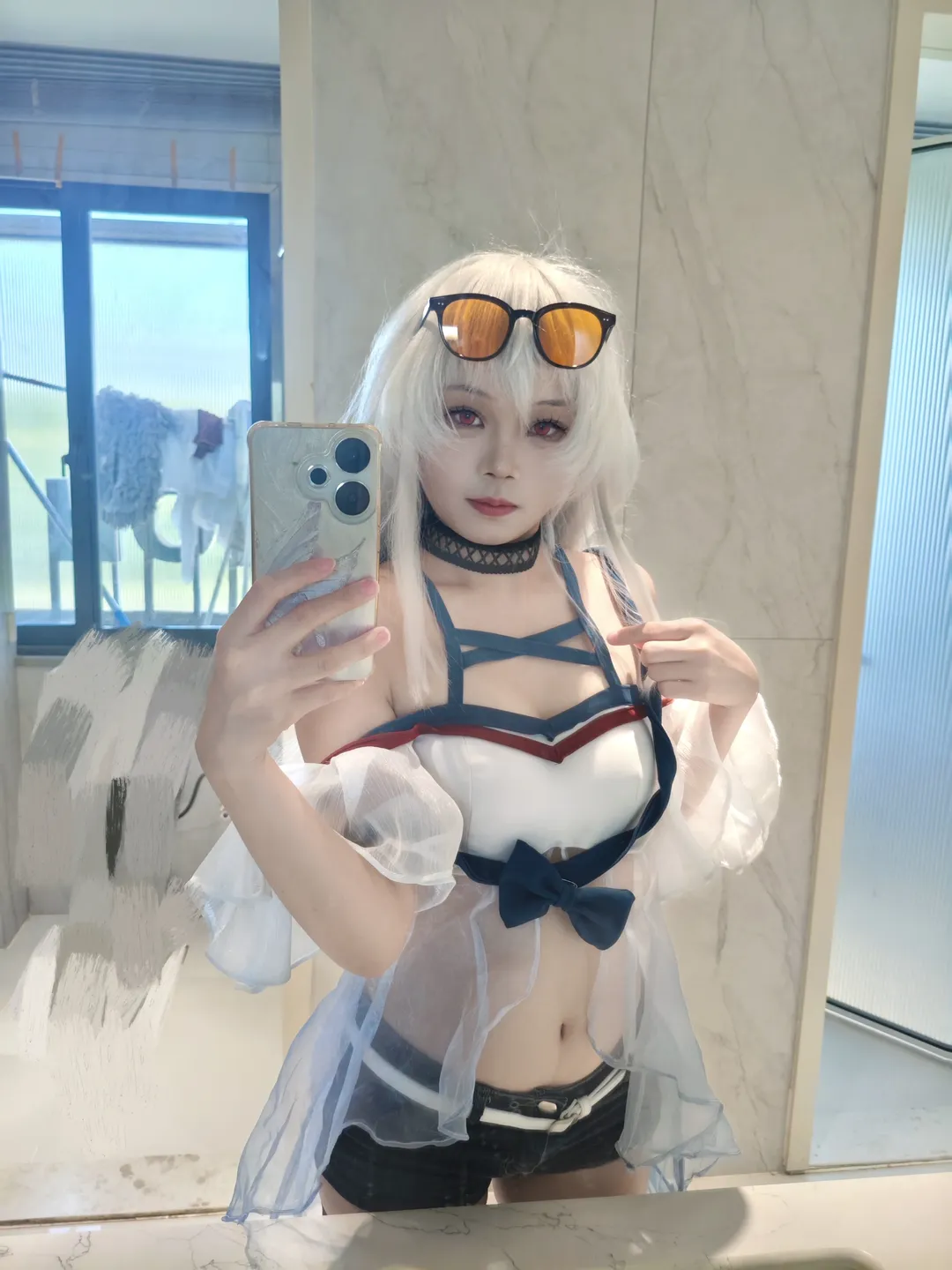 cosplay, 明日方舟, 斯卡蒂cos, 镜前自拍, 腿环