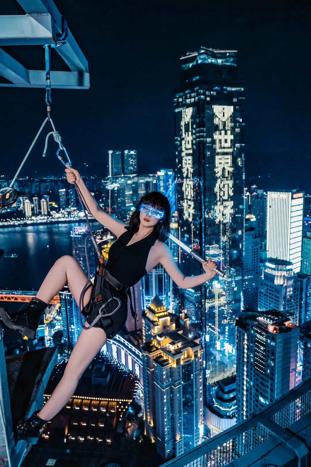 Cyberpunk cosplay, Techwear outfit, Chongqing night view, Aerial photography, Light-up goggles