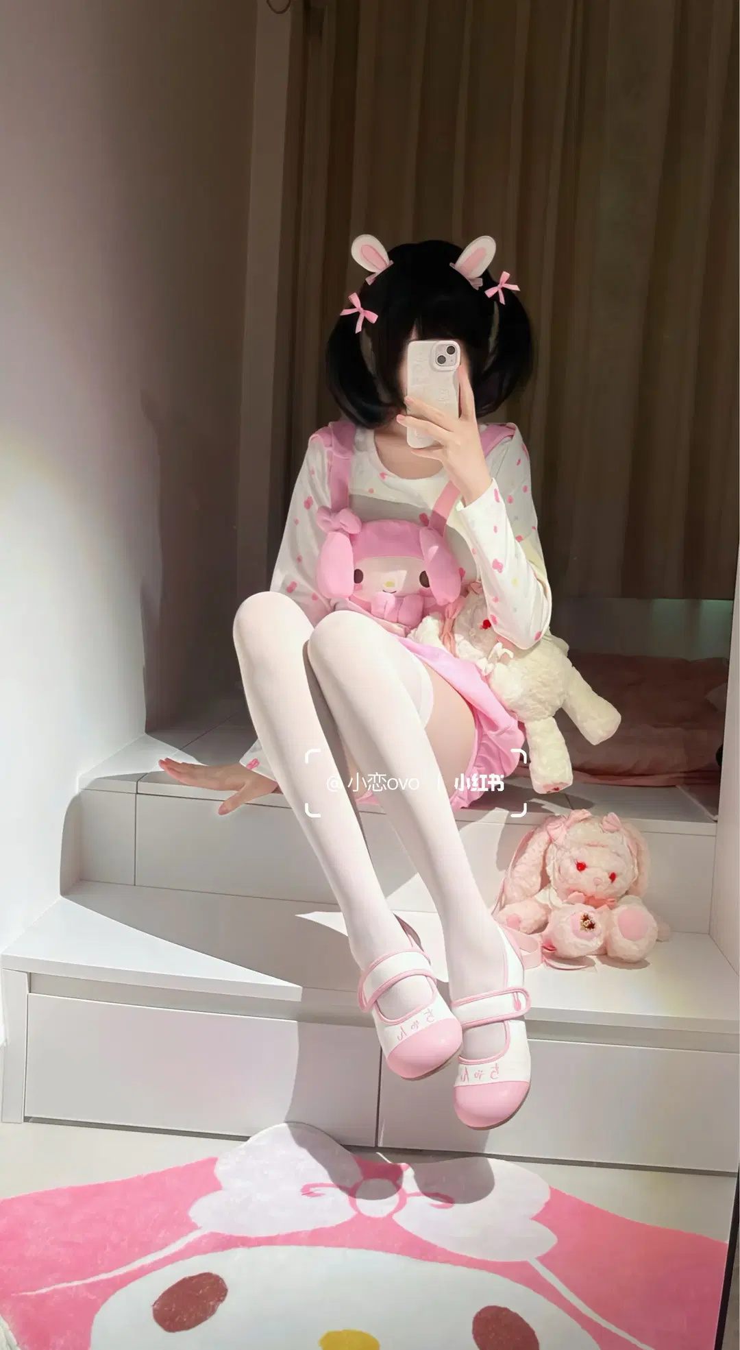 白丝, 萌系少女, 美乐蒂cos, 女儿服, 粉色背带裤