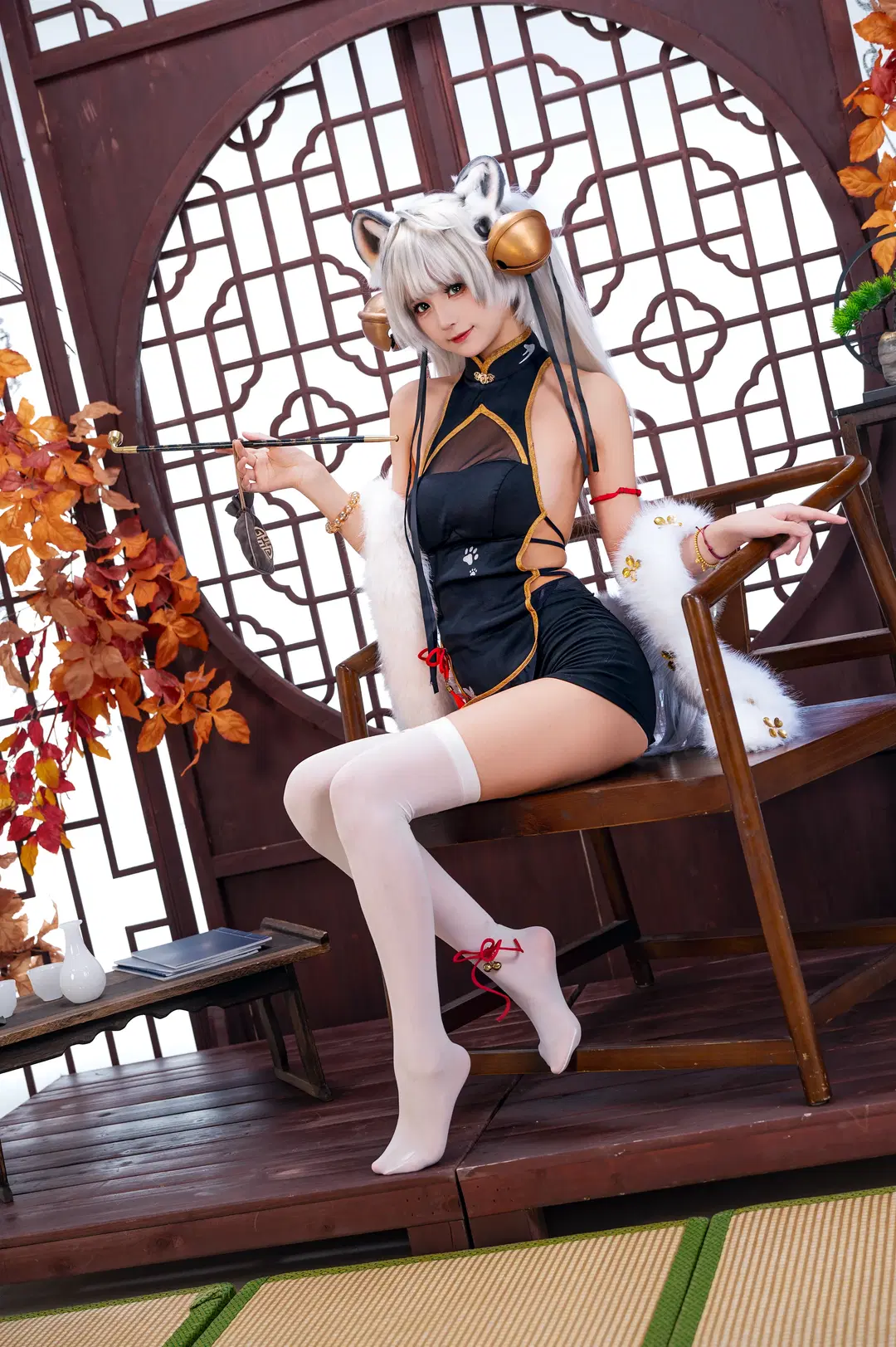 コスプレ, 白虎娘 コスプレ, 白ストッキング, 中華風チャイナドレス, 獣耳
