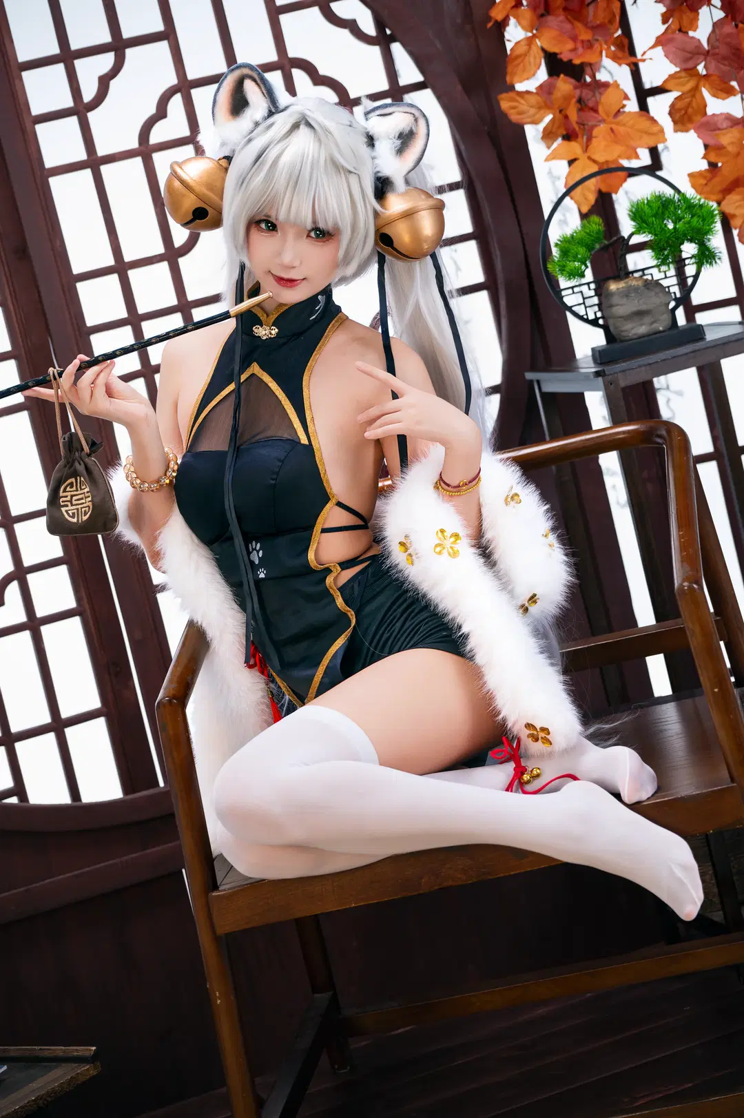 二次元, 白虎娘cos, 白丝, 国风旗袍, 兽耳
