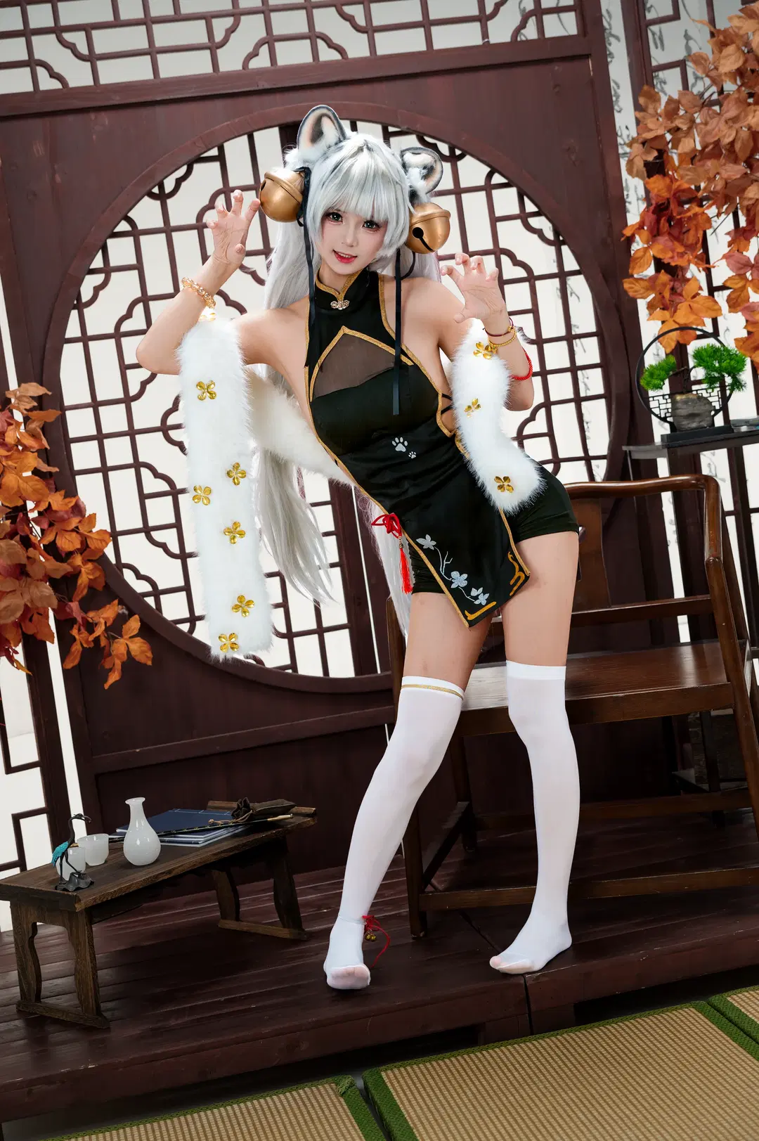 cosplay正片, 白丝穿搭, 虎啸风生, 改良旗袍, 白虎娘 riko cos