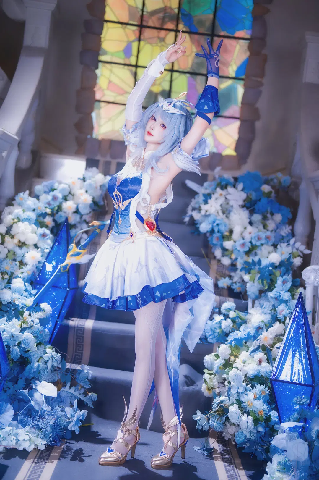 Genshin Impact, White tights cosplay, Odette cosplay, Snezhnaya, Ice and snow style