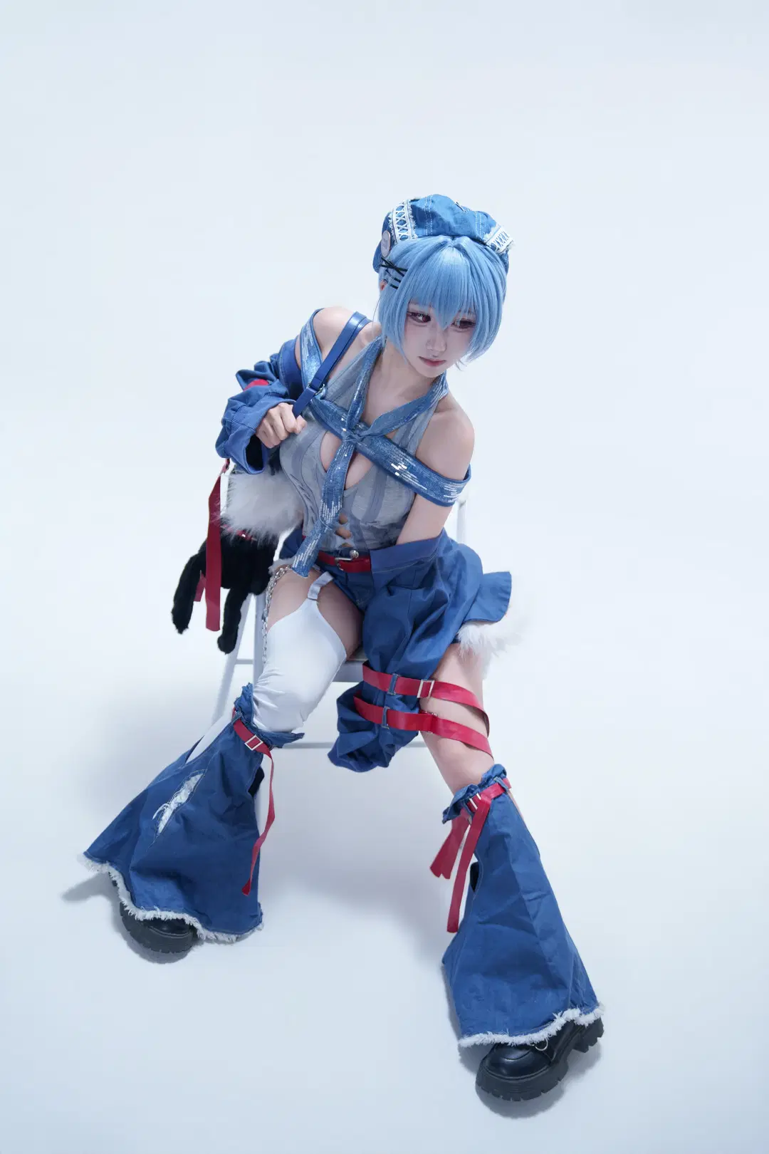 Rei Ayanami cosplay, Neon Genesis Evangelion, Techwear outfit, White studio photoshoot, White stockings