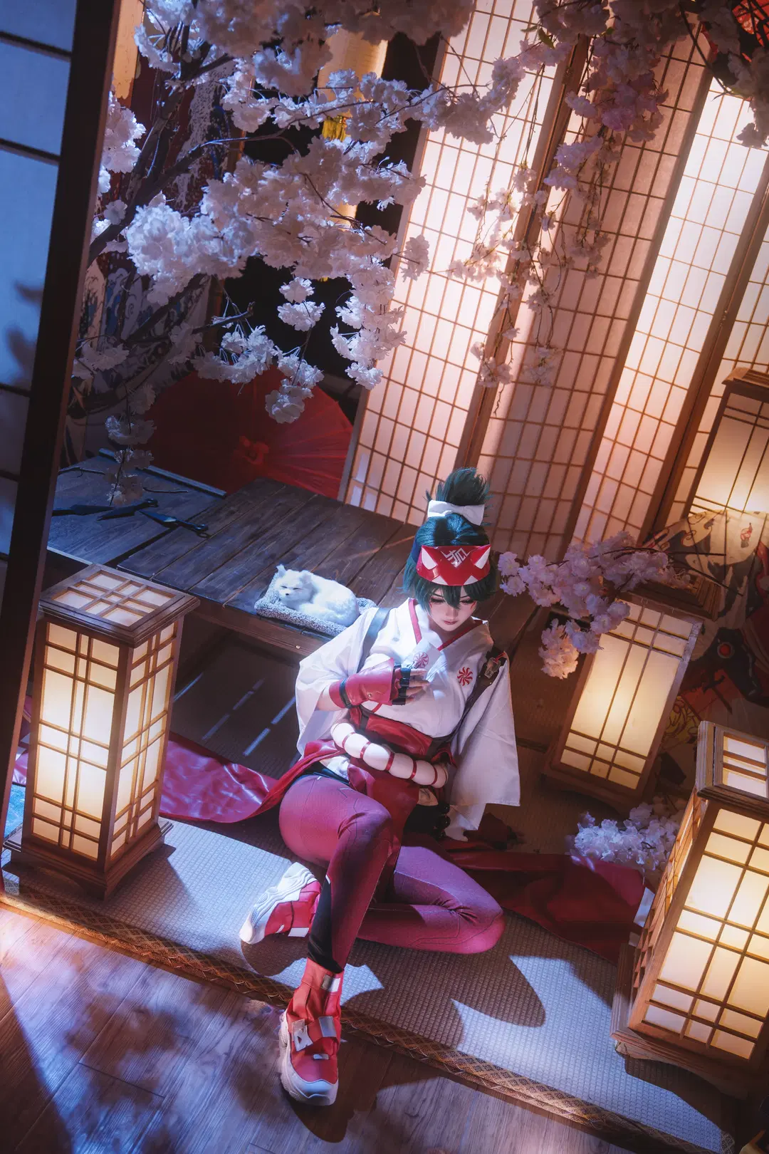 Overwatch, Japanese-style photoshoot, Techwear outfit, Kiriko cosplay, cherry blossom paper lantern