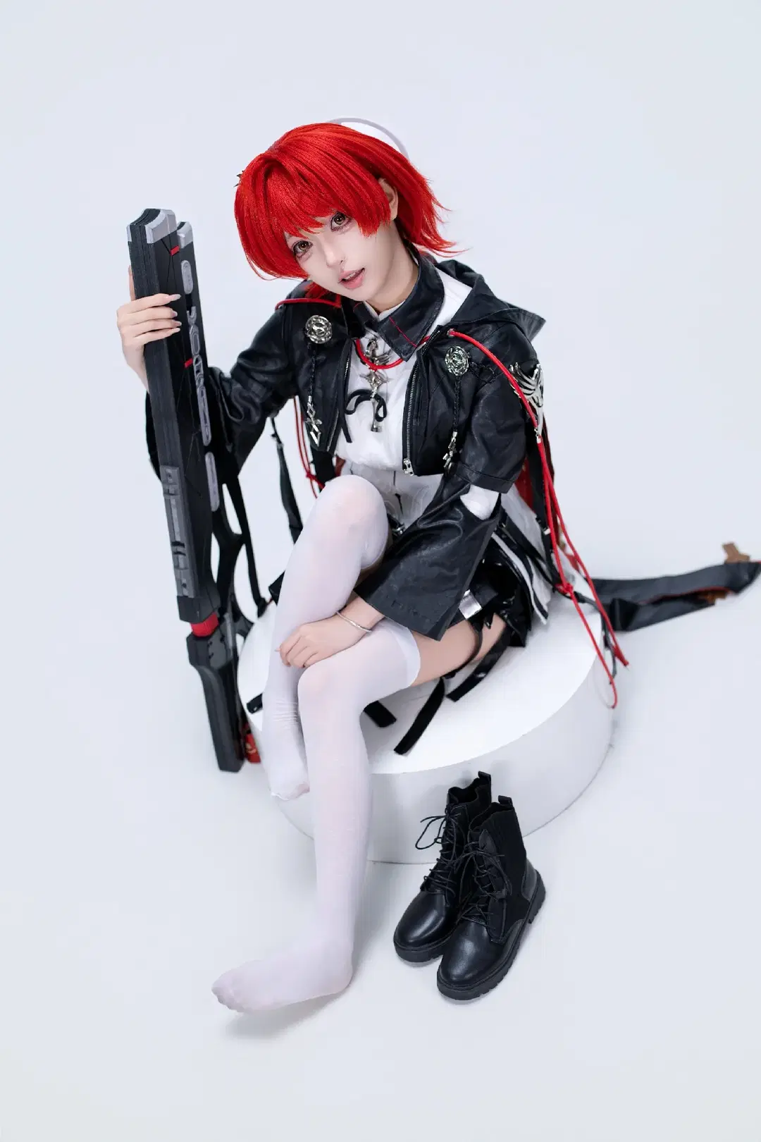 二次元cosplay, 明日方舟, 白丝, 能天使cos, 皮衣