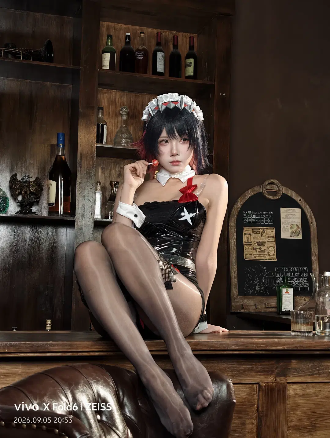 cosplay, 手机摄影, 漆皮女仆装, 酒吧暗黑风, 灰黑丝袜