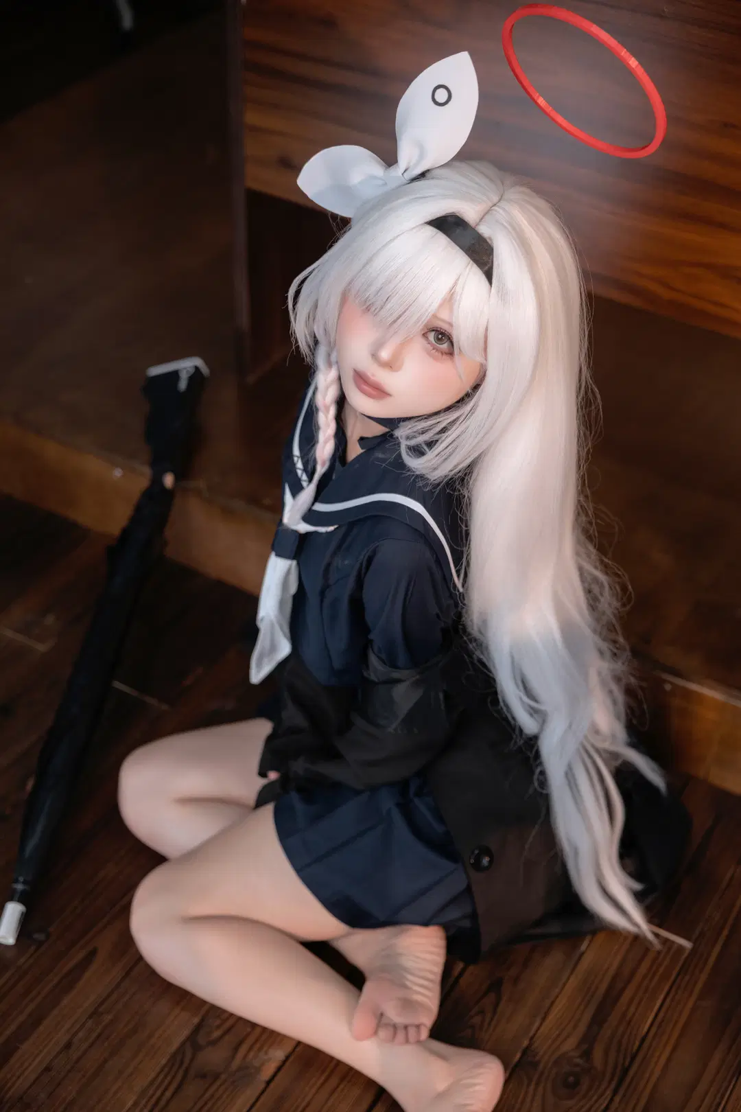 二次元摄影, 水手服, 碧蓝档案cos, 银白发, 红色光环